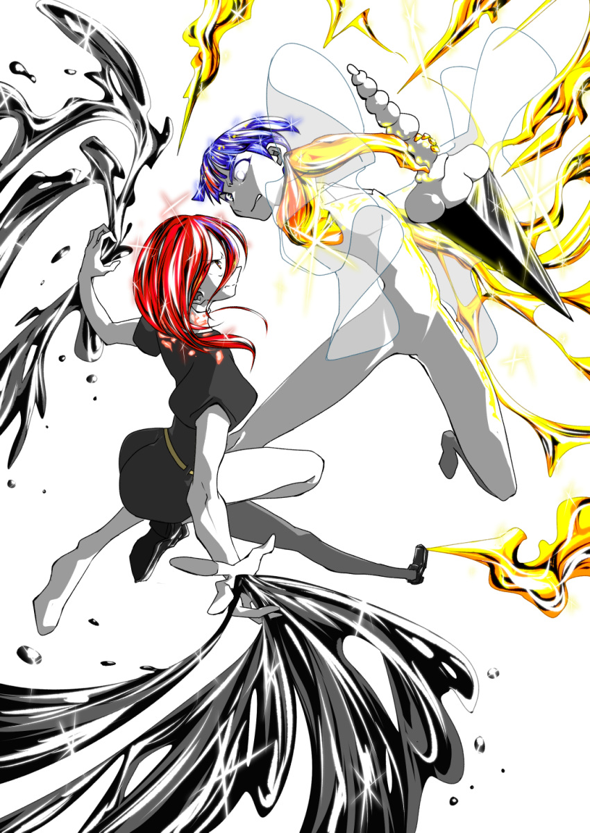 2others bangs black_shorts blue_hair blunt_bangs collared_shirt crystal_hair enoki-kou gem_uniform_(houseki_no_kuni) golden_arms heterochromia highres houseki_no_kuni mercury multiple_others phosphophyllite phosphophyllite_(ll) puffy_short_sleeves puffy_sleeves red_eyes redhead shinsha_(houseki_no_kuni) shirt short_hair short_shorts short_sleeves shorts simple_background vs white_background white_eyes white_skin