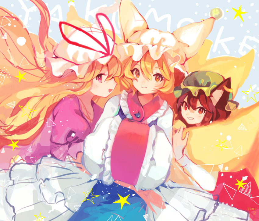 3girls animal_ears blonde_hair blue_background brown_eyes brown_hair cat_ears chen commentary cowboy_shot dress dutch_angle fox_tail from_side green_headwear grin hair_between_eyes hands_in_opposite_sleeves hat hat_ribbon highres jewelry leaning_forward long_hair long_sleeves looking_at_viewer mob_cap multiple_girls multiple_tails orange_eyes pillow_hat profile puffy_short_sleeves puffy_sleeves purple_dress red_skirt ribbon shirt short_hair short_sleeves sideways_glance single_earring sketch skirt smile standing star surumeri_(baneiro) tabard tail tail_hug touhou triangle upper_body very_long_hair violet_eyes white_dress white_headwear white_shirt yakumo_ran yakumo_yukari