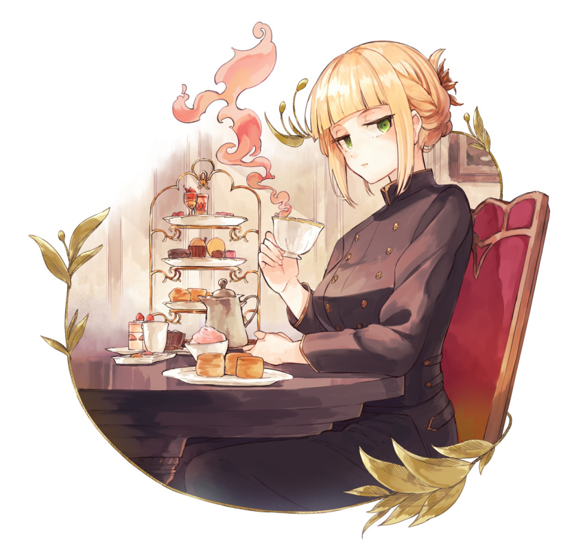 1girl blonde_hair breasts chair cup expressionless folded_ponytail food fruit green_eyes half-closed_eyes hisona_(suaritesumi) holding holding_cup looking_at_viewer medium_breasts original short_hair sidelocks simple_background sitting smoke solo strawberry strawberry_shortcake teacup tiered_tray uniform white_background