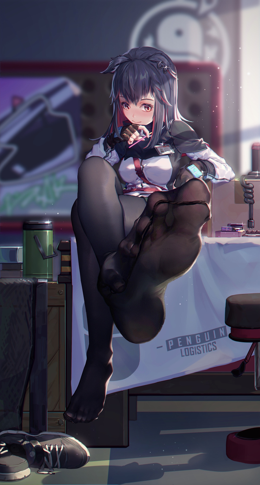 1girl absurdres animal_ears arknights bangs black_gloves black_hair black_legwear blurry blurry_background breasts closed_mouth coat commentary_request ear_piercing feet fingerless_gloves footwear_removed gloves highres ice_(dzs1392584271) indoors legs long_hair long_sleeves multicolored_hair no_shoes pantyhose piercing pov_feet redhead revision sitting soles solo texas_(arknights) two-tone_hair