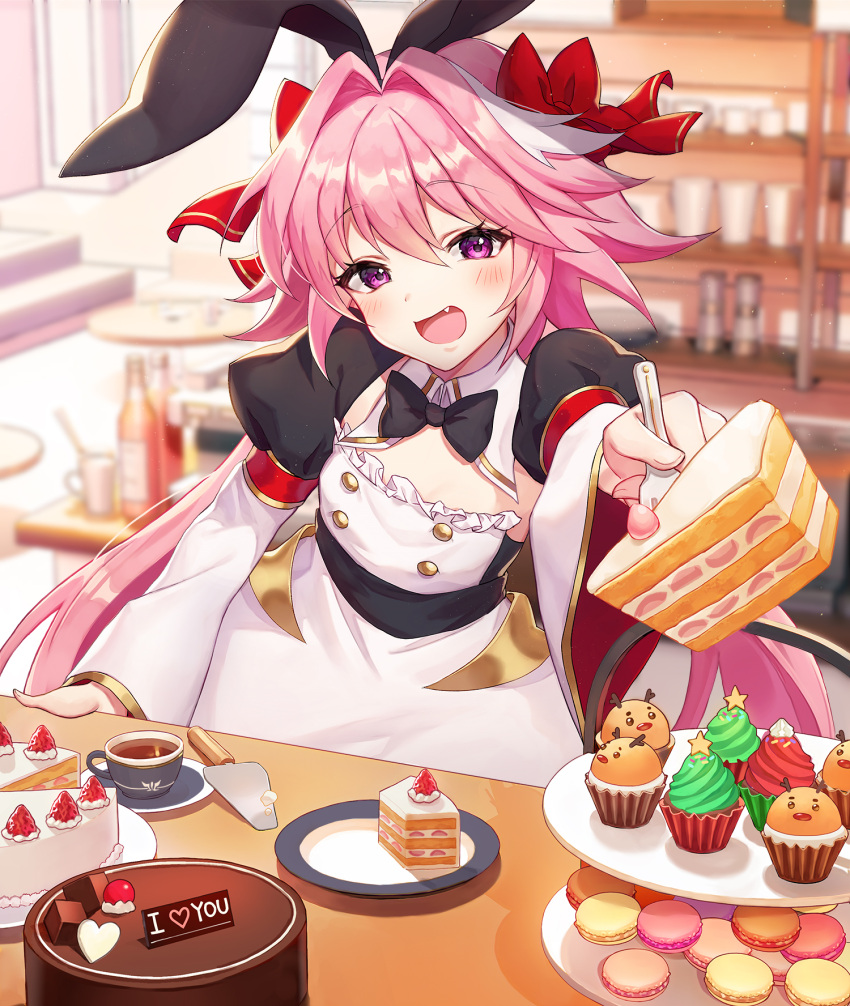 1boy animal_ears arm_at_side astolfo_(fate) bangs black_bow black_neckwear blurry blurry_background bow bowtie cake chocolate chocolate_cake cup cupcake detached_collar dress eyebrows_visible_through_hair fake_animal_ears fang fate/grand_order fate_(series) food fork frills fruit giving hair_bow hair_intakes highres holding holding_fork indoors juliet_sleeves long_hair long_sleeves looking_at_viewer macaron male_focus multicolored_hair open_mouth otoko_no_ko outstretched_arm pink_hair plate pn_(wnsl216) puffy_sleeves rabbit_ears red_bow saucer slice_of_cake smile solo spatula strawberry strawberry_shortcake streaked_hair table tea teacup tiered_tray upper_body very_long_hair violet_eyes white_hair