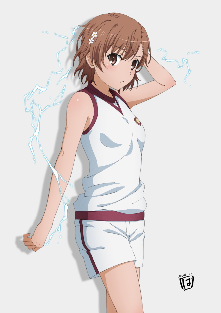 1girl artist_logo biribiri brown_eyes brown_hair cowboy_shot dated electricity flower gym_uniform hair_flower hair_ornament hairclip hayate. highres looking_at_viewer misaka_mikoto shirt short_hair shorts simple_background sleeveless sleeveless_shirt solo standing to_aru_kagaku_no_railgun to_aru_majutsu_no_index white_background white_shirt white_shorts