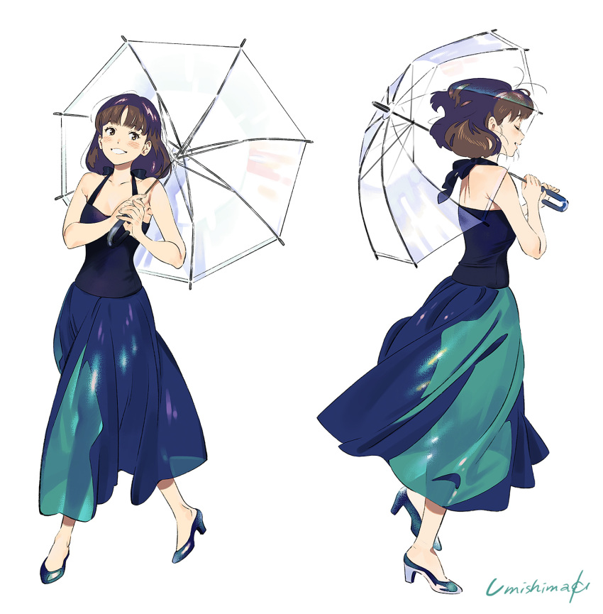 1girl bangs bare_shoulders blue_dress blunt_bangs blush brown_hair closed_eyes dress full_body high_heels highres medium_hair multiple_views original parted_lips profile signature simple_background sleeveless sleeveless_dress smile transparent transparent_umbrella umbrella umishima_senbon white_background