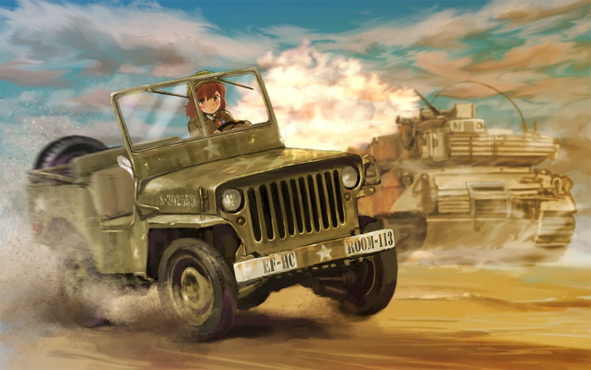 1girl blush brown_eyes brown_hair closed_mouth clouds commentary_request driving ground_vehicle helmet jeep logo medium_hair military military_uniform military_vehicle moko-chan motion_blur motor_vehicle room_(room443) solo star tamiya_incorporated tank tire uniform