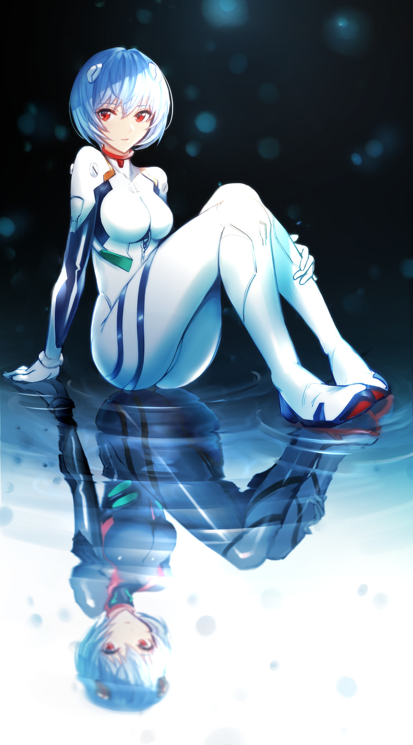 1girl absurdres arm_support ass ayanami_rei bangs black_bodysuit blue_hair boa_sorte bodysuit breasts different_reflection dual_persona expressionless eyebrows_visible_through_hair hair_between_eyes highres interface_headset medium_breasts neon_genesis_evangelion plugsuit rebuild_of_evangelion red_eyes reflection ripples short_hair sitting water white_bodysuit