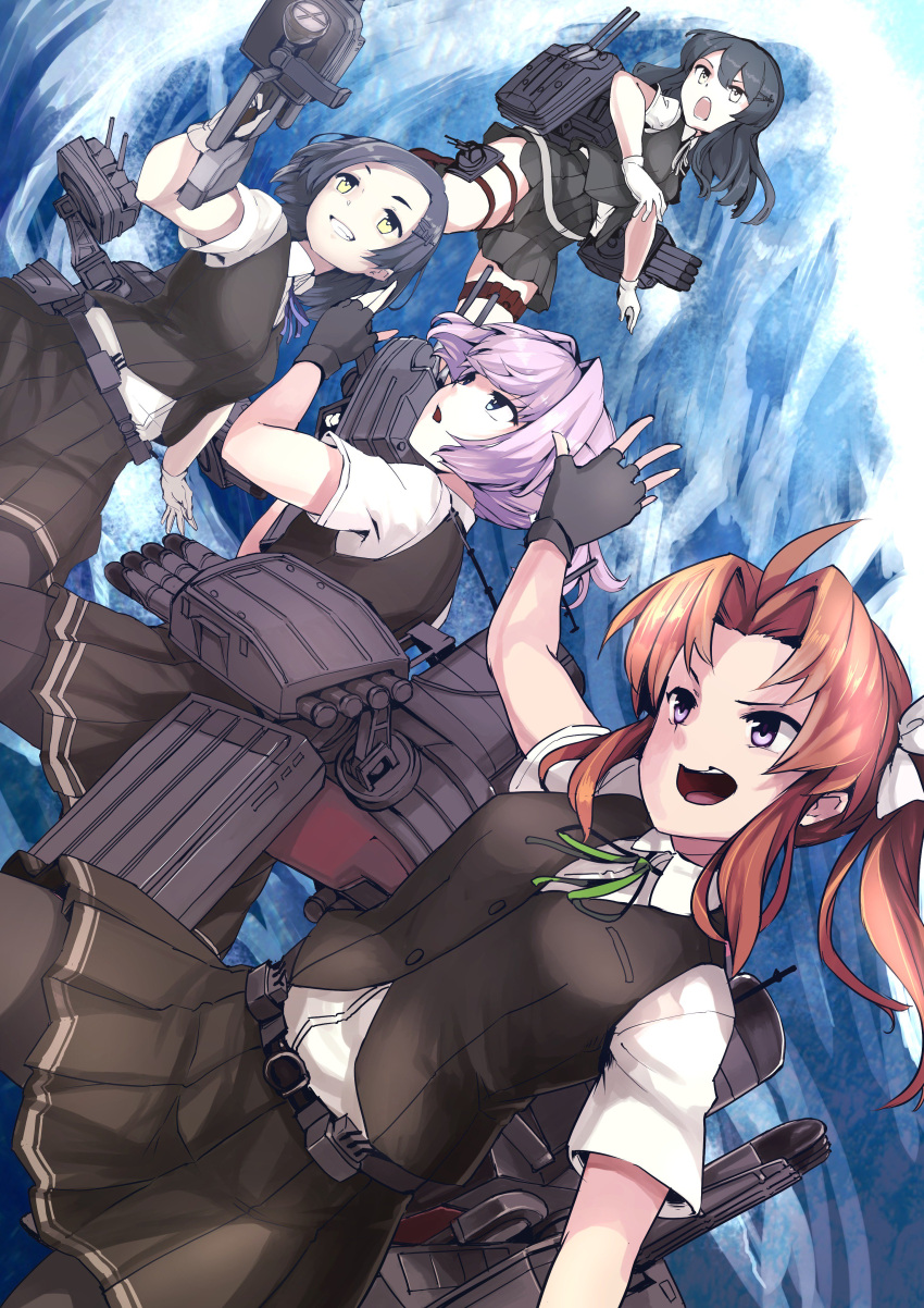 4girls absurdres adapted_turret ahoge bike_shorts black_gloves black_hair black_shorts black_skirt black_vest blue_eyes brown_hair cannon commentary_request cowboy_shot dress dress_lift fingerless_gloves gloves hair_ornament hair_ribbon hairclip highres kagerou_(kantai_collection) kantai_collection kuroshio_(kantai_collection) long_hair machinery multiple_girls oyashio_(kantai_collection) pink_hair pleated_skirt remodel_(kantai_collection) ribbon school_uniform shiranui_(kantai_collection) shirt short_hair short_sleeves shorts shorts_under_skirt skirt torpedo_launcher turret twintails uni_(uni-strain) vest violet_eyes white_gloves white_ribbon white_shirt yellow_eyes