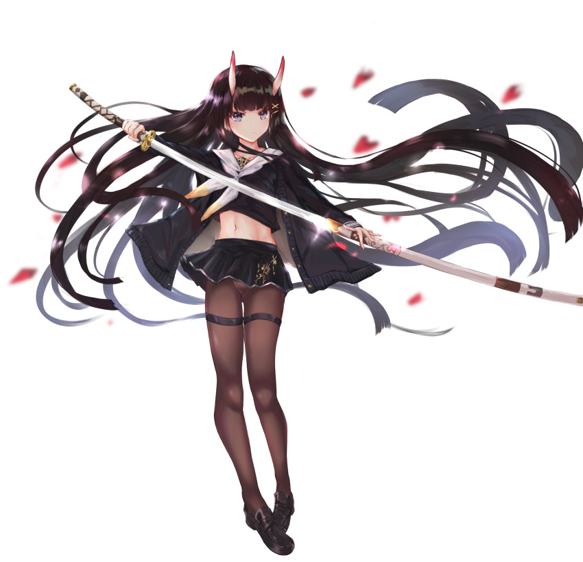 1girl absurdres azur_lane bangs black_cardigan black_footwear black_hair black_serafuku black_shirt black_skirt brown_legwear cardigan commentary_request full_body glint habu_rin hair_ornament hairclip highres holding holding_sheath holding_sword holding_weapon horns katana loafers long_hair long_sleeves looking_at_viewer midriff navel neckerchief noshiro_(azur_lane) oni oni_horns open_cardigan open_clothes pantyhose petals pleated_skirt sailor_collar school_uniform serafuku sheath shirt shoes simple_background skirt sleeves_past_wrists solo standing sword unsheathing very_long_hair violet_eyes weapon white_background white_neckwear white_sailor_collar x_hair_ornament