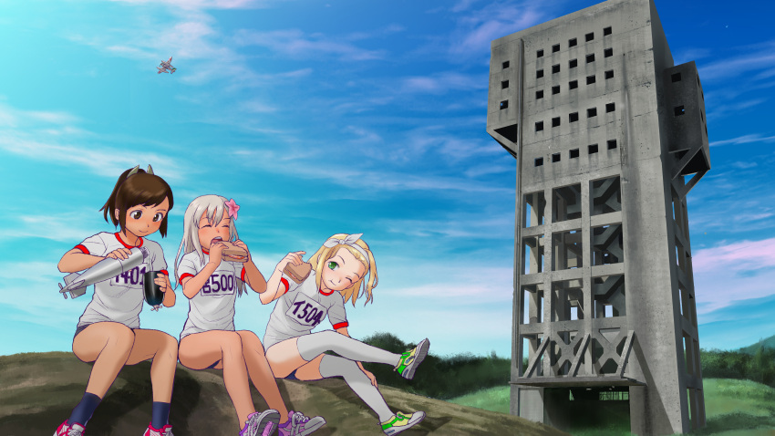 3girls :t aircraft alternate_costume bare_arms bare_legs blonde_hair blue_sky blush brown_eyes brown_hair building clouds commentary_request day eating flower food grass green_eyes gym_shirt gym_uniform hair_flower hair_ornament hairband hairclip highres holding holding_food i-401_(kantai_collection) i-504_(kantai_collection) kantai_collection kneehighs luigi_torelli_(kantai_collection) mu-pyon multiple_girls name_tag one_eye_closed open_mouth outdoors ponytail ro-500_(kantai_collection) sandwich seaplane shirt shoes short_hair short_ponytail short_sleeves sitting sky smile sneakers tan thigh-highs torpedo tree white_hair white_hairband white_shirt