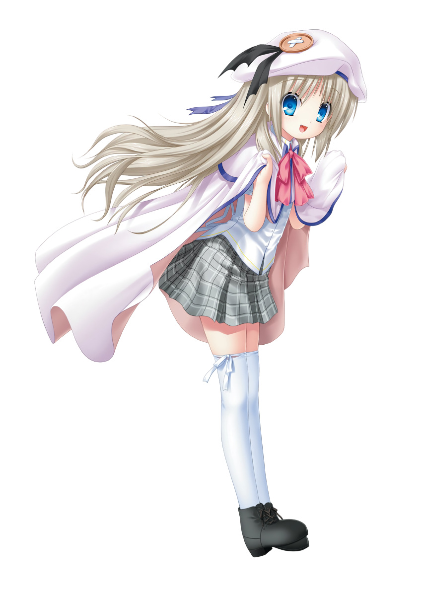 1girl :d bangs black_footwear blue_eyes cape capelet dress_shirt eyebrows_visible_through_hair floating_hair from_side full_body grey_skirt hat hat_ribbon highres kud_wafter little_busters!! long_hair looking_at_viewer miniskirt na-ga noumi_kudryavka official_art open_mouth pink_neckwear plaid plaid_skirt pleated_skirt purple_ribbon ribbon school_uniform shirt silver_hair simple_background skirt smile solo thigh-highs very_long_hair white_background white_cape white_capelet white_headwear white_legwear white_ribbon white_shirt zettai_ryouiki
