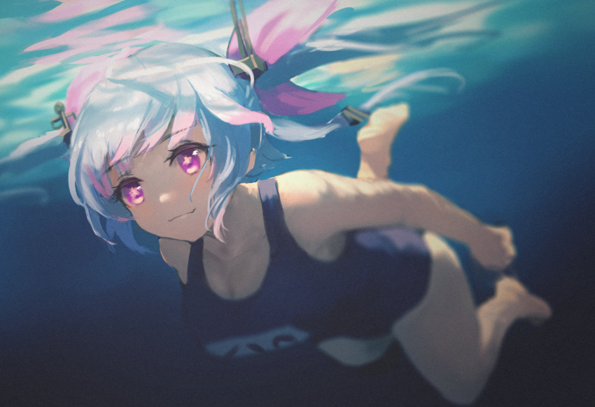 1girl bangs bare_arms bare_legs bare_shoulders barefoot blue_hair breasts commentary freediving hair_ribbon hara_shoutarou headgear highres i-19_(kantai_collection) kantai_collection large_breasts long_hair multicolored_hair name_tag one-piece_swimsuit ribbon school_swimsuit smile soles solo star star-shaped_pupils submerged swimming swimsuit symbol-shaped_pupils symbol_commentary tri_tails underwater violet_eyes