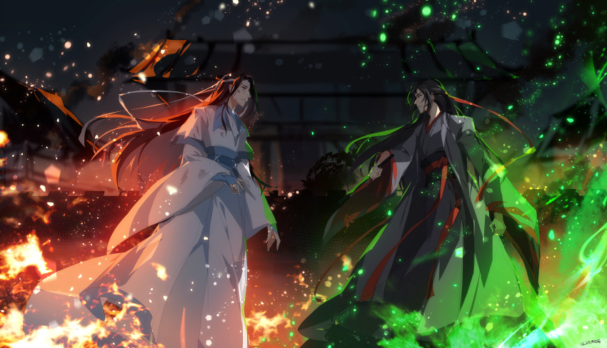 2boys absurdres architecture artist_name black_hair dated dirty_face east_asian_architecture eye_contact fire flute green_fire hair_ribbon headband highres instrument long_hair looking_at_another mo_dao_zu_shi multiple_boys muse_(rainforest) outdoors profile red_eyes red_ribbon ribbon standing wangji_lan white_headband white_ribbon wide_sleeves wuxian_wei