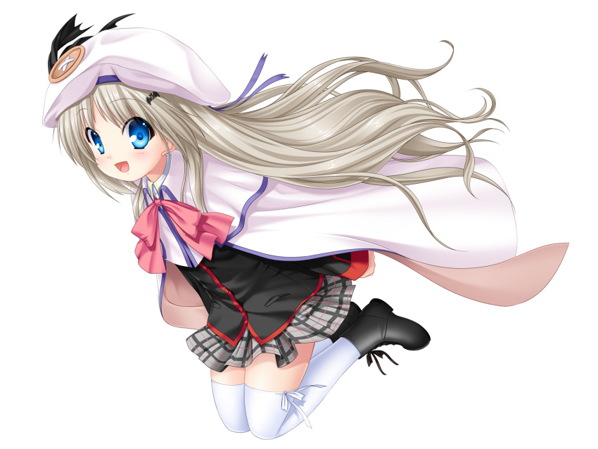 1girl :d black_footwear black_jacket blue_eyes cape capelet eyebrows_visible_through_hair fang floating_hair full_body grey_skirt hat hat_ribbon highres jacket kud_wafter little_busters!! long_hair long_sleeves miniskirt na-ga noumi_kudryavka official_art open_mouth plaid plaid_skirt pleated_skirt purple_ribbon ribbon school_uniform shiny shiny_hair silver_hair simple_background skirt smile solo thigh-highs very_long_hair white_background white_cape white_capelet white_legwear zettai_ryouiki