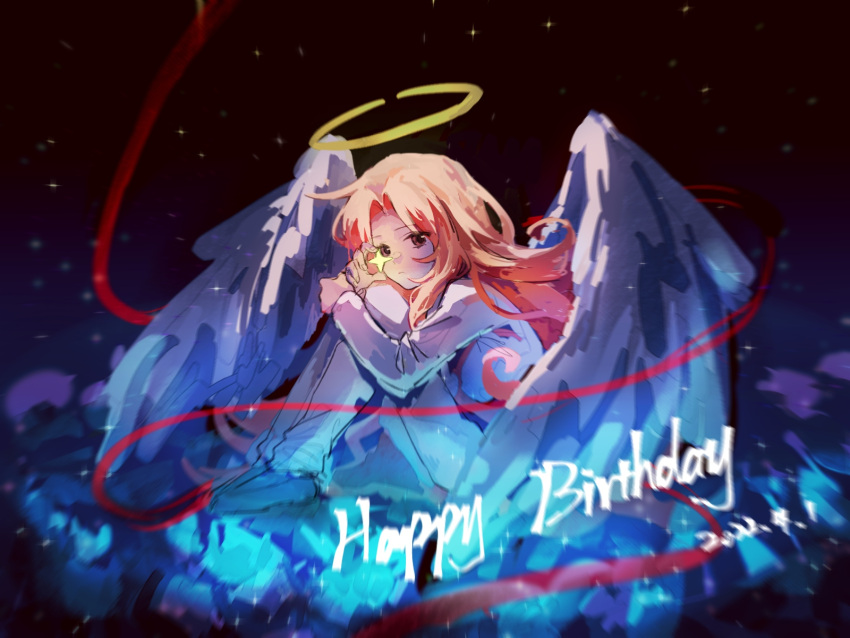 1boy chinese_commentary closed_mouth english_text expressionless feathered_wings hair_intakes halo happy_birthday hatsutori_hajime highres holding holding_star lefityyyy long_hair long_sleeves pants pink_hair red_eyes saibou_shinkyoku shirt sitting solo star_(symbol) white_pants white_shirt wings