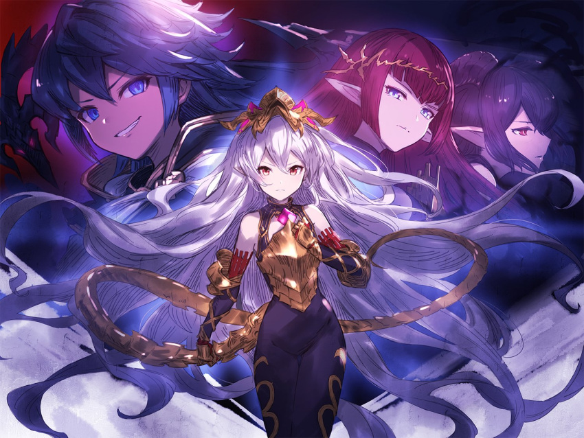 bare_shoulders blue_eyes blue_hair bodysuit cape chest_armor crown diamond_(gemstone) euryale_(shingeki_no_bahamut) evil_grin evil_smile eyeshadow feet_out_of_frame flat_chest floating_hair geo_(granblue_fantasy) gloves granblue_fantasy grin hair_between_eyes hair_ornament hand_on_own_chest horns lavender_hair long_hair looking looking_afar looking_at_viewer looking_away looking_to_the_side makeup medusa_(shingeki_no_bahamut) minaba_hideo multicolored multicolored_background official_art open_mouth pointy_ears red_eyes red_eyeshadow serious smile stheno_(shingeki_no_bahamut) tail