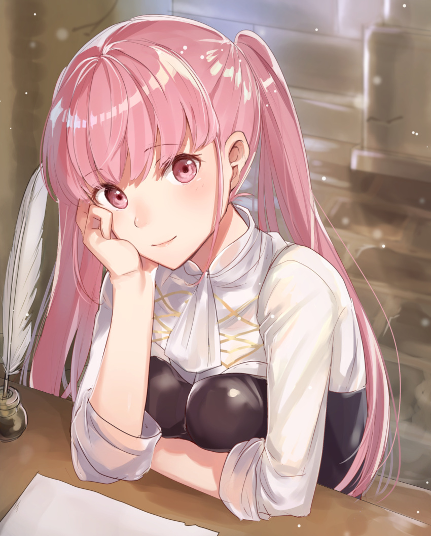 1girl breasts chin_rest desk eyebrows_visible_through_hair fire_emblem fire_emblem:_three_houses garreg_mach_monastery_uniform haru_(nakajou-28) highres hilda_valentine_goneril indoors ink_bottle lips long_hair looking_at_viewer medium_breasts neckerchief paper pink_eyes pink_hair quill sitting sleeves_rolled_up smile solo twintails