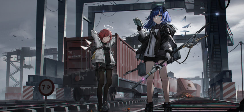 2girls absurdres arknights arms_behind_head arms_up bangs bird black_footwear black_gloves black_jacket black_legwear black_shirt black_shorts blue_eyes blue_hair book boots breasts closed_mouth clouds cloudy_sky commentary_request container even_(17245601) exusiai_(arknights) eyebrows_visible_through_hair gloves hair_over_one_eye halo highres holding holding_book horns huge_filesize jacket legwear_under_shorts mismatched_gloves mostima_(arknights) multiple_girls open_book open_clothes open_jacket outdoors pantyhose red_eyes redhead shirt short_shorts shorts signature sky small_breasts standing v-shaped_eyebrows white_gloves white_jacket white_shirt