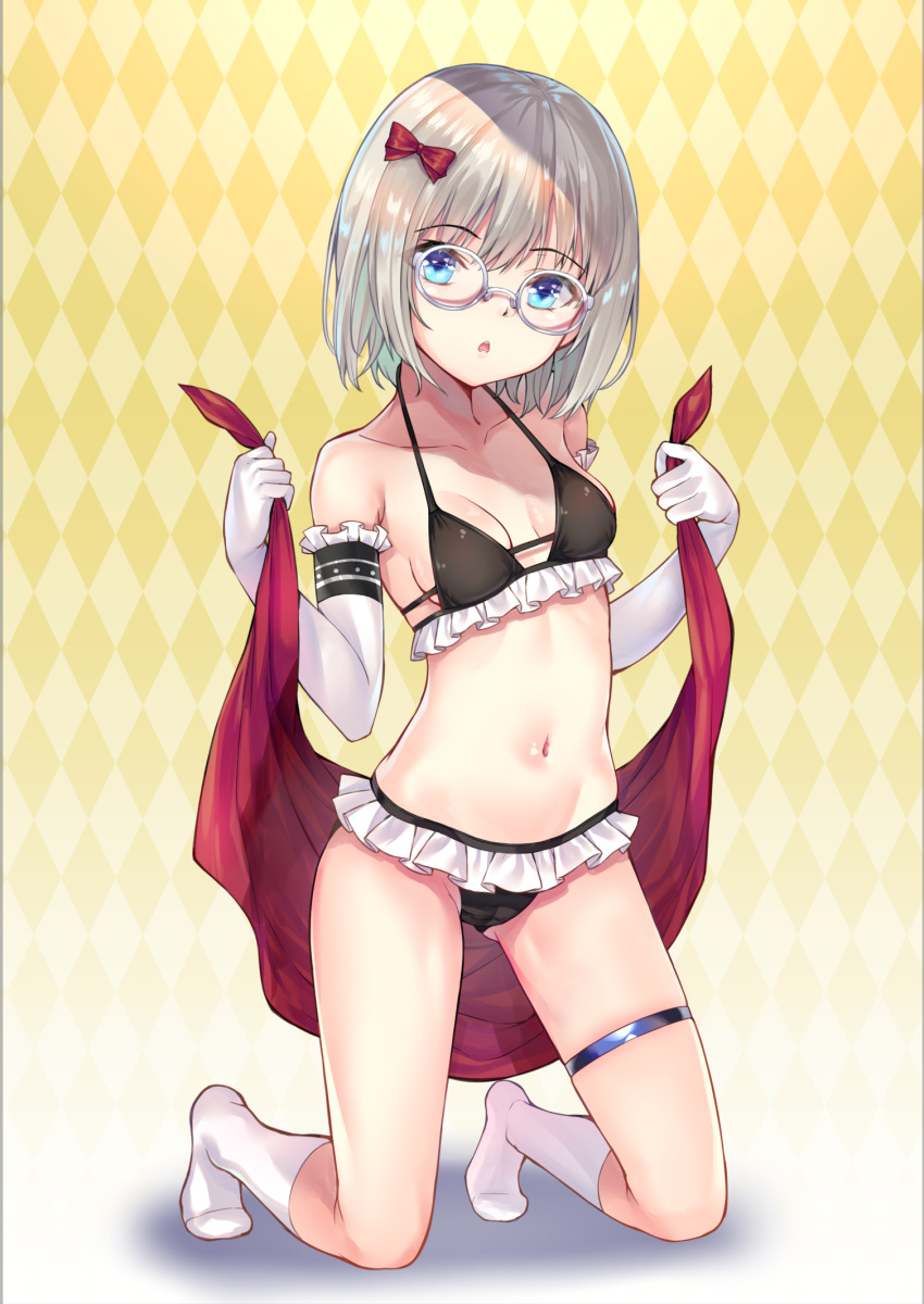 1girl bangs bare_shoulders bikini black_bikini blue_eyes breasts collarbone commentary_request eyebrows_visible_through_hair frills glasses gloves hair_ribbon highres kneeling looking_at_viewer maid_bikini mayoichi navel open_mouth original red_ribbon ribbon small_breasts socks solo swimsuit white_bikini white_gloves white_legwear