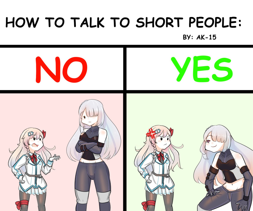 2girls abineko ak-15_(girls_frontline) anger_vein angry bending chart english_text girls_frontline hair_ornament hairclip height_difference hexagram highres how_to_talk_to_short_people long_hair multiple_girls negev_(girls_frontline) one_eye_covered pink_hair silver_hair smug star_of_david