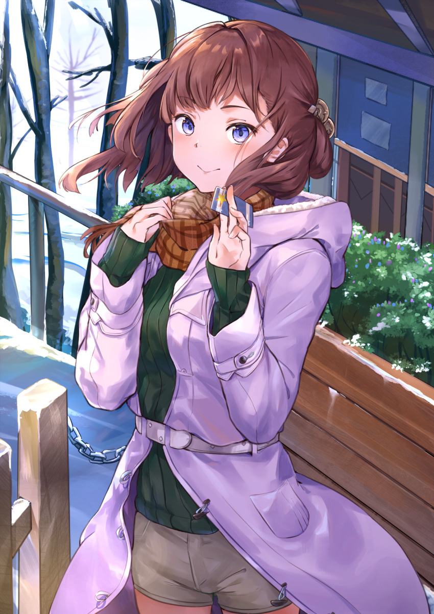 1girl bare_tree between_fingers black_sweater breasts brown_hair brown_scarf brown_shorts building card chain closed_mouth coat cowboy_shot fringe_trim hair_ornament highres holding holding_card hood hood_down hooded_coat long_sleeves looking_at_viewer mosta_(lo1777789) open_clothes open_coat original purple_coat ribbed_sweater scarf short_shorts shorts sleeves_past_wrists small_breasts smile snow solo standing sweater tree violet_eyes