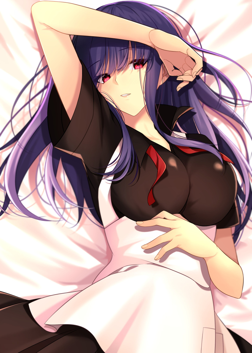1girl absurdres apron asagami_fujino breasts dress exa_(koyuru) highres kara_no_kyoukai large_breasts long_hair maid maid_apron on_bed purple_hair red_eyes
