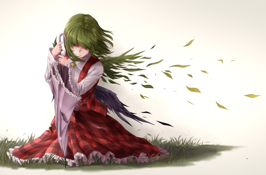 1girl absurdres bangs clenched_teeth commentary_request feathered_wings green_hair grey_background hands_up highres holding holding_umbrella kamiya_ueshi kazami_yuuka long_skirt long_sleeves petticoat plaid plaid_skirt plaid_vest planted_umbrella purple_umbrella red_eyes red_skirt red_vest shirt short_hair sitting skirt skirt_set solo tears teeth touhou umbrella vest white_shirt wings