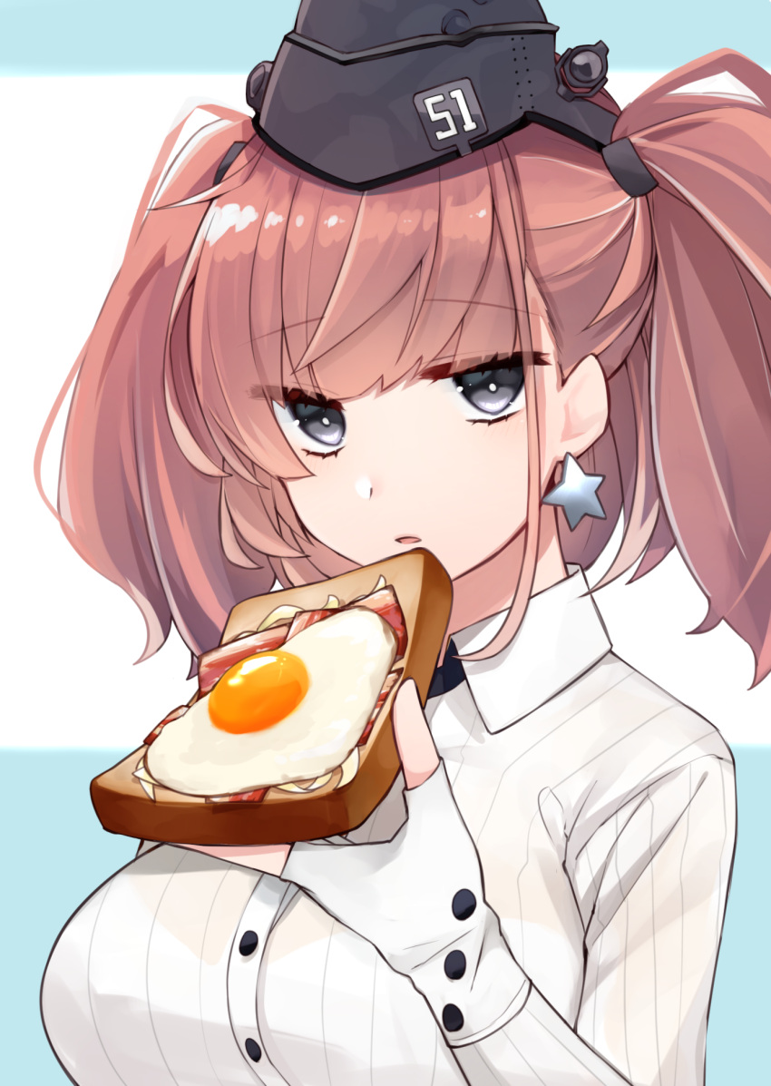 1girl atlanta_(kantai_collection) bacon bangs black_eyes bread breasts brown_hair commentary earrings egg eyebrows_visible_through_hair food garrison_cap gloves hat headgear highres holding holding_food jewelry kantai_collection katsuobushi_(eba_games) large_breasts long_sleeves open_mouth partly_fingerless_gloves single_earring solo star star_earrings sunny_side_up_egg toast twintails upper_body white_gloves