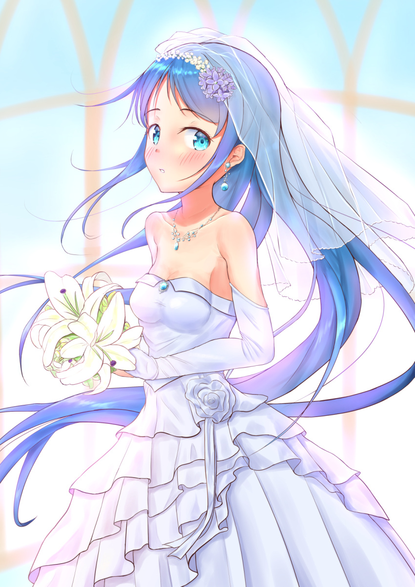 1girl aomi_one bangs blue_eyes blue_hair bouquet breasts bridal_veil bride collarbone dress earrings elbow_gloves flower gloves highres holding holding_bouquet jewelry kantai_collection lily_(flower) long_hair looking_at_viewer necklace samidare_(kantai_collection) small_breasts solo strapless strapless_dress swept_bangs veil very_long_hair wedding_dress white_dress white_flower white_gloves