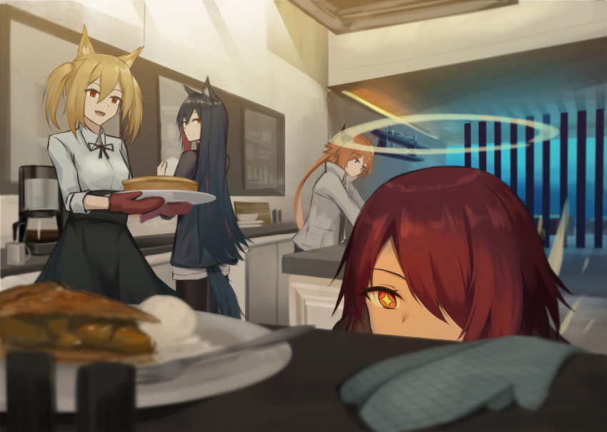 +_+ 4girls :/ absurdres animal_ears arknights black_hair black_legwear black_shirt black_skirt blonde_hair blurry blurry_background blurry_foreground bowl cat_ears coffee_maker_(object) coffee_mug croissant_(arknights) cup depth_of_field expressionless exusiai_(arknights) food grey_jacket hair_between_eyes hair_over_one_eye halo highres holding holding_tray horns ice_cream indoors jacket kitchen light_smile lodbyy long_hair looking_at_another looking_away looking_back looking_down mug multiple_girls open_mouth orange_eyes orange_hair oven_mitts peeking pie plate red_eyes redhead shirt short_hair shorts skirt sleeves_past_elbows slice_of_pie sora_(arknights) tail texas_(arknights) tray twintails untucked_shirt very_long_hair white_shirt white_shorts window wolf_ears wolf_tail