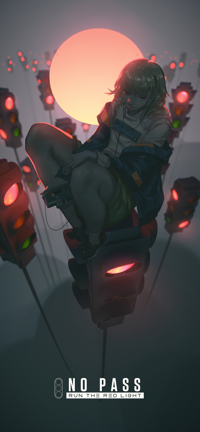 1girl absurdres baka_(mh6516620) bangs blonde_hair blue_eyes closed_mouth earphones english_text eyebrows_visible_through_hair highres jacket long_hair looking_at_viewer off-shoulder_jacket open_clothes open_jacket original shorts sitting solo traffic_light walkman