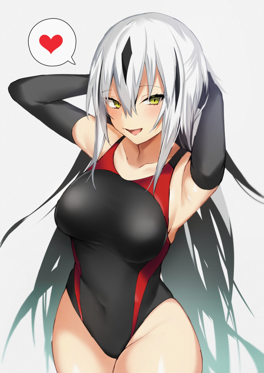 1girl alternate_costume armpits arms_behind_head arms_up black_gloves black_hair black_swimsuit breasts competition_swimsuit covered_navel cowboy_shot elbow_gloves fate/grand_order fate_(series) gloves hair_between_eyes heart highleg highleg_swimsuit highres iriehana long_hair medium_breasts multicolored multicolored_clothes multicolored_hair multicolored_swimsuit nagao_kagetora_(fate) one-piece_swimsuit red_swimsuit solo speech_bubble spoken_heart streaked_hair swimsuit two-tone_hair very_long_hair white_hair yellow_eyes