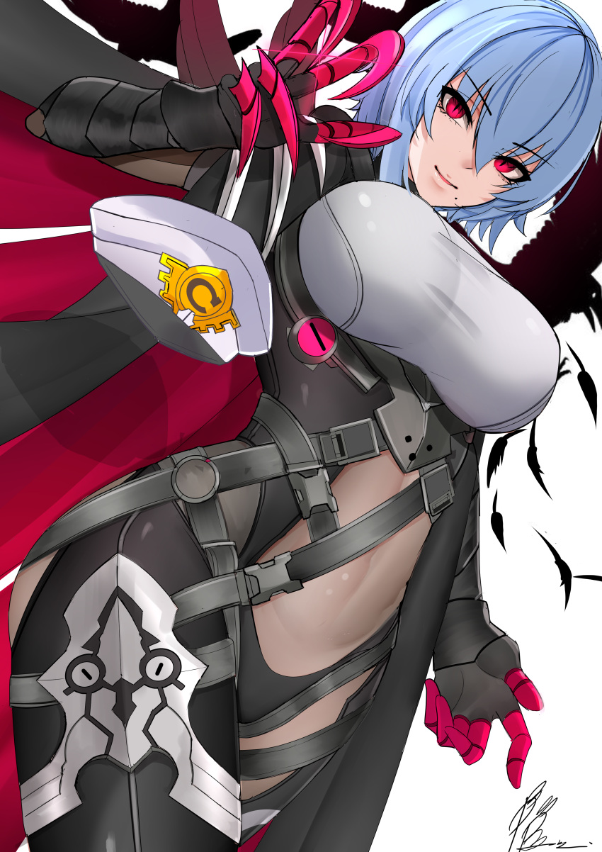 1girl absurdres black_feathers blue_hair bodysuit breasts cape claws cowboy_shot eyebrows_visible_through_hair gauntlets hair_between_eyes hat highres honkai_(series) honkai_impact_3rd large_breasts looking_at_viewer mole mole_under_mouth noise_paper parted_lips peaked_cap raven_(honkai_impact_3rd) red_eyes short_hair single_gauntlet smile solo taut_clothes