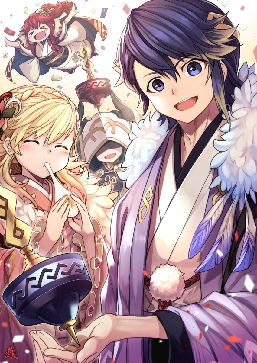 &gt;_&lt; 1boy 1other 2girls alfonse_(fire_emblem) anna_(fire_emblem) arms_up black_gloves blonde_hair blue_eyes blue_hair blush_stickers braid brother_and_sister closed_eyes crown_braid eating fire_emblem fire_emblem_heroes gloves gradient_hair hair_ornament highres holding hood hood_up japanese_clothes kimono kiran_(fire_emblem) long_hair mochi multicolored_hair multiple_girls nakabayashi_zun obi open_mouth outstretched_arms pink_hair ponytail redhead sash sharena short_hair siblings spread_arms