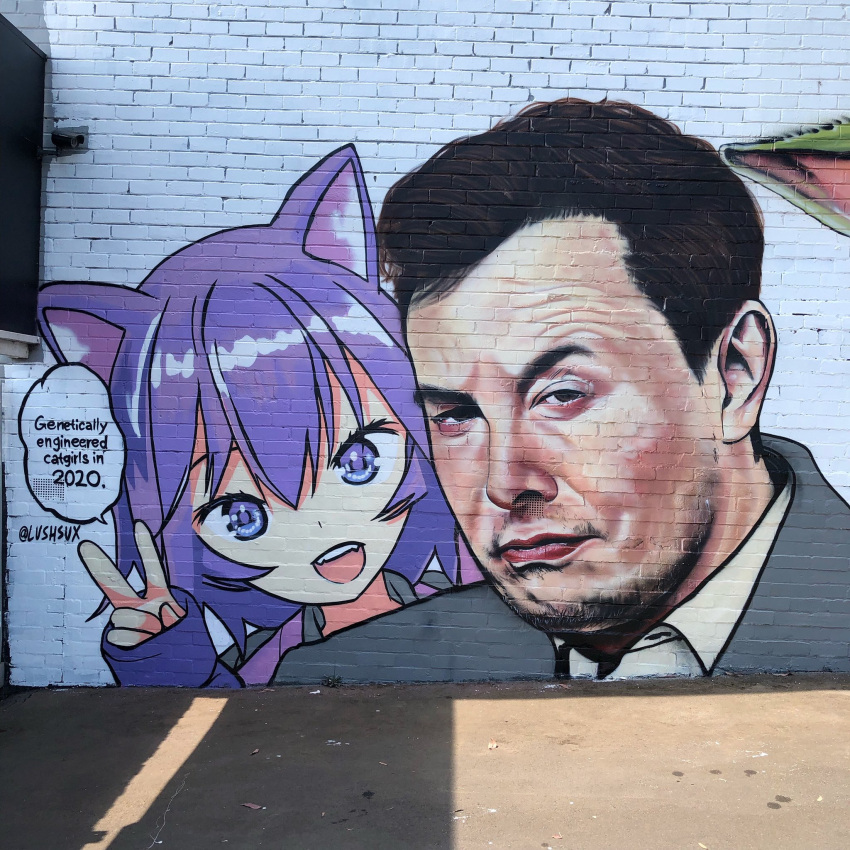 1boy 1girl animal_ears cat_ears cat_girl elon_musk graffiti highres lushsux photo purple_hair real_life v violet_eyes