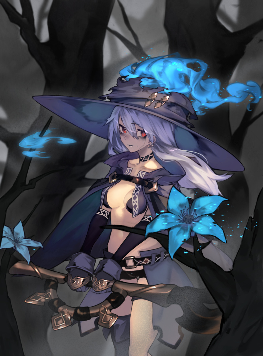 1girl absurdres balance_(superdust) black_shorts blue_fire blue_flower breasts cape crying earrings fire flower forest gloves hat highres jewelry long_hair looking_away makeup mascara midriff nature original purple_cape purple_headwear red_eyes shorts silver_hair solo staff tattoo witch_hat
