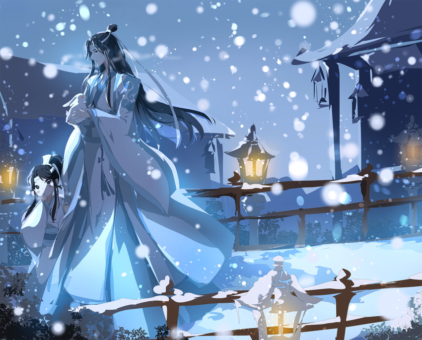 2boys animal architecture black_hair child chinese_clothes east_asian_architecture hand_up highres holding holding_animal lantern long_hair male_focus mo_dao_zu_shi multiple_boys muse_(rainforest) outdoors rabbit railing sidelocks snowing wangji_lan white_robe