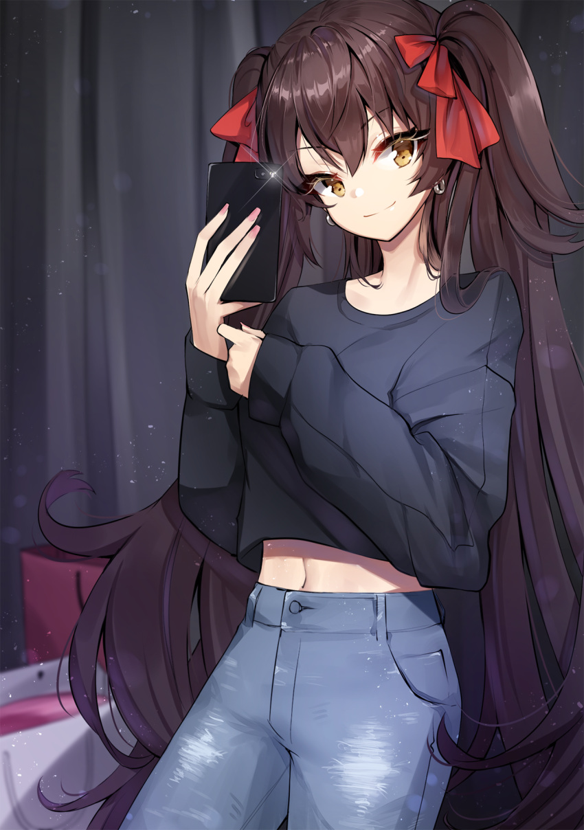 1girl ankkoyom brown_hair casual cellphone denim earrings girls_frontline highres jeans jewelry long_hair looking_at_viewer navel pants phone qbz-97_(girls_frontline) self_shot sleeves_past_wrists smartphone smile solo twintails very_long_hair yellow_eyes