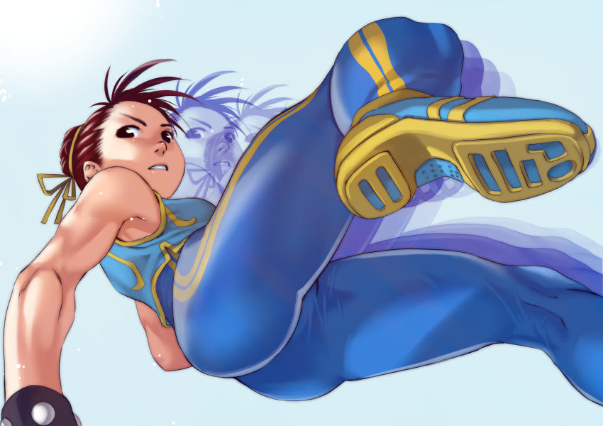 1girl breasts capcom chun-li commentary_request looking_at_viewer short_hair simple_background solo soon street_fighter street_fighter_zero_(series) unitard