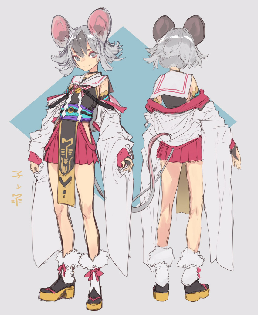 1girl 2020 animal_ears back bell black_choker chinese_zodiac choker closed_mouth eyebrows_visible_through_hair grey_background grey_eyes grey_hair highres medium_hair mouse_ears mouse_girl mouse_tail original reiga_(act000) simple_background sketch smile standing tail year_of_the_rat