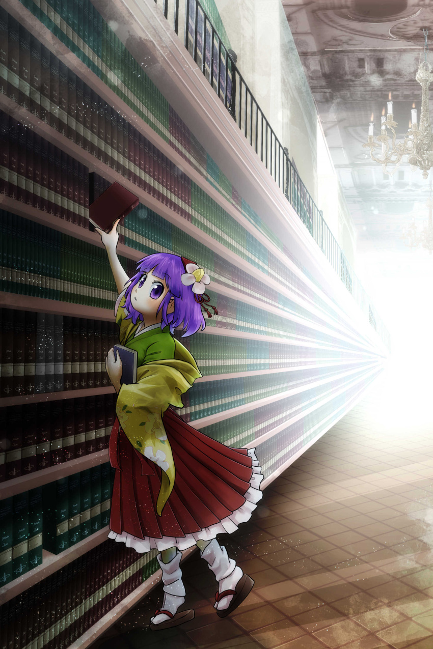 1girl absurdres book bookshelf candle ceiling chamaji chandelier commentary eyebrows_visible_through_hair floral_print flower frilled_skirt frills hair_flower hair_ornament hieda_no_akyuu highres holding holding_book indoors japanese_clothes kimono lens_flare light looking_at_viewer medium_hair perspective purple_hair railing reaching red_skirt sidelocks skirt socks solo touhou vanishing_point white_legwear zouri