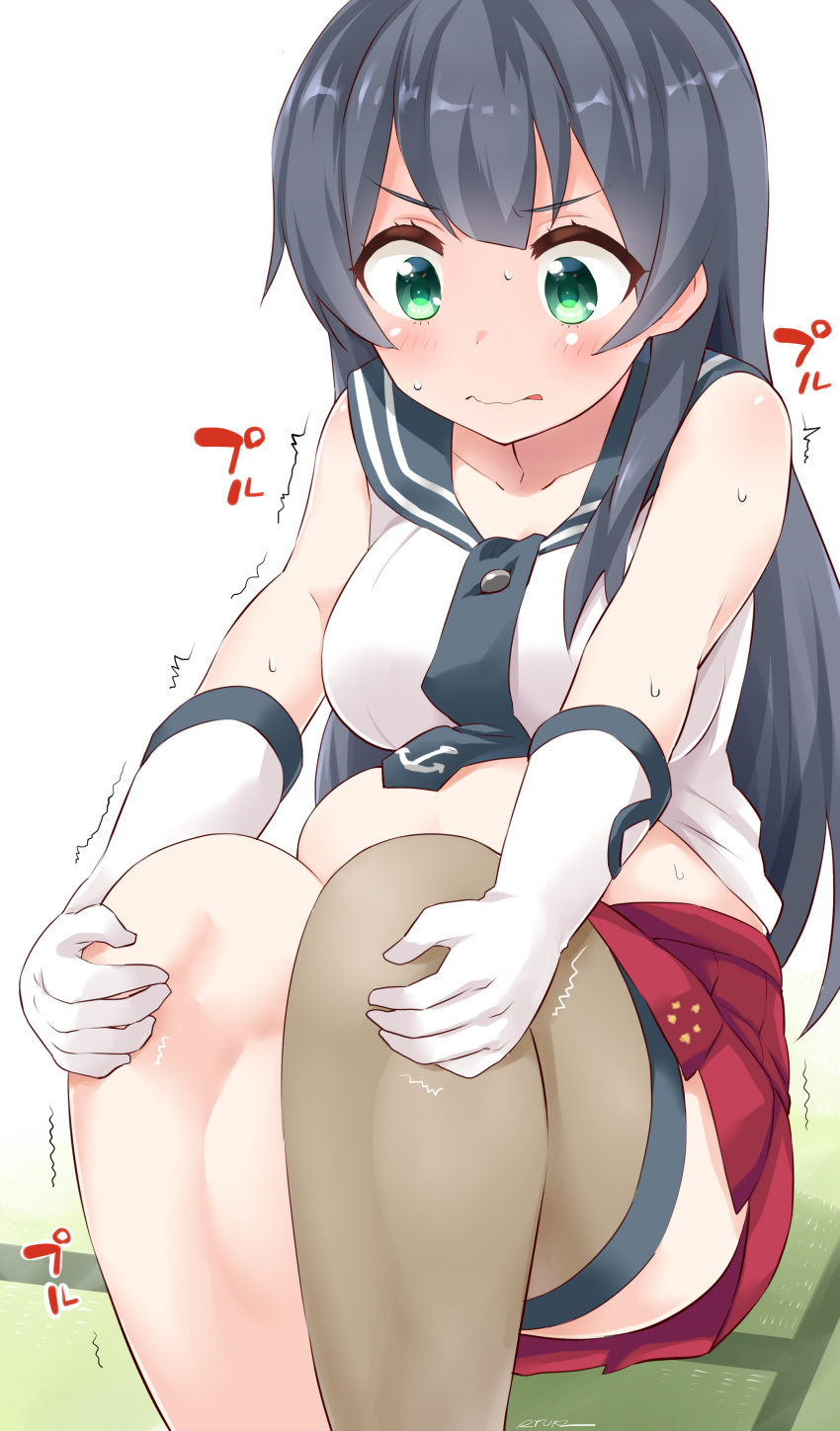 1girl absurdres agano_(kantai_collection) anchor_symbol artist_name asymmetrical_legwear black_hair black_neckwear black_sailor_collar blush collarbone commentary_request exercise flab gloves green_eyes highres kantai_collection leg_hug long_hair midriff necktie pleated_skirt plump red_skirt ryuki_(ryukisukune) sailor_collar school_uniform serafuku shirt simple_background single_thighhigh sit-up sitting skirt sleeveless sleeveless_shirt solo tatami thigh-highs white_background white_gloves