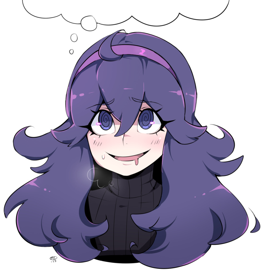 1girl 2017 bangs blush commentary drooling english_commentary face hair_between_eyes hex_maniac_(pokemon) highres long_hair milka_(milk4ppl) pokemon pokemon_(game) pokemon_xy purple_hair signature simple_background solo sweat thinking thought_bubble violet_eyes white_background