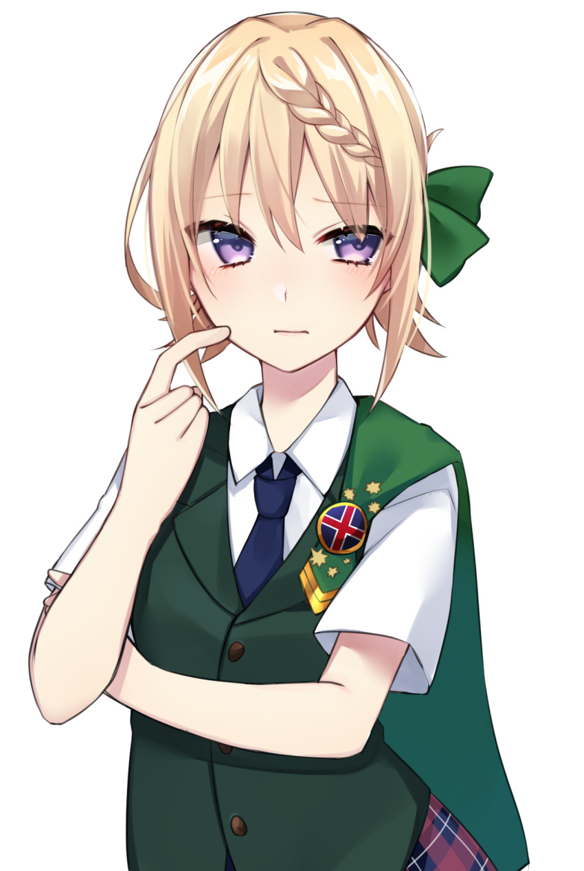 1girl blonde_hair blue_neckwear blush braid braided_bangs braided_bun closed_mouth eyebrows_visible_through_hair green_vest hair_between_eyes hair_ribbon highres kantai_collection katsuobushi_(eba_games) looking_at_viewer necktie perth_(kantai_collection) ribbon shirt short_hair short_sleeves simple_background skirt solo vest violet_eyes white_background white_shirt