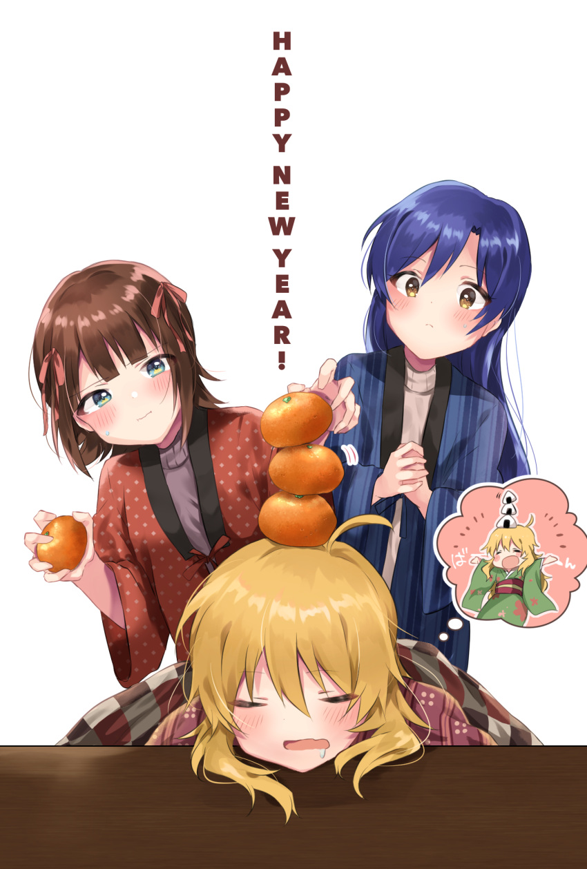 3girls :i amami_haruka blanket blonde_hair blue_eyes blue_hair blush brown_eyes brown_hair closed_eyes closed_mouth commentary_request drooling english_text eyebrows_visible_through_hair food fruit furisode hair_between_eyes hair_ribbon happy_new_year highres hoshii_miki idolmaster idolmaster_(classic) imas_ll japanese_clothes kimono kisaragi_chihaya mandarin_orange multiple_girls new_year notice_lines obi onigiri open_mouth outline outstretched_arms own_hands_together pink_ribbon ribbon saliva sash spread_arms stacking sweatdrop thought_bubble white_background white_outline