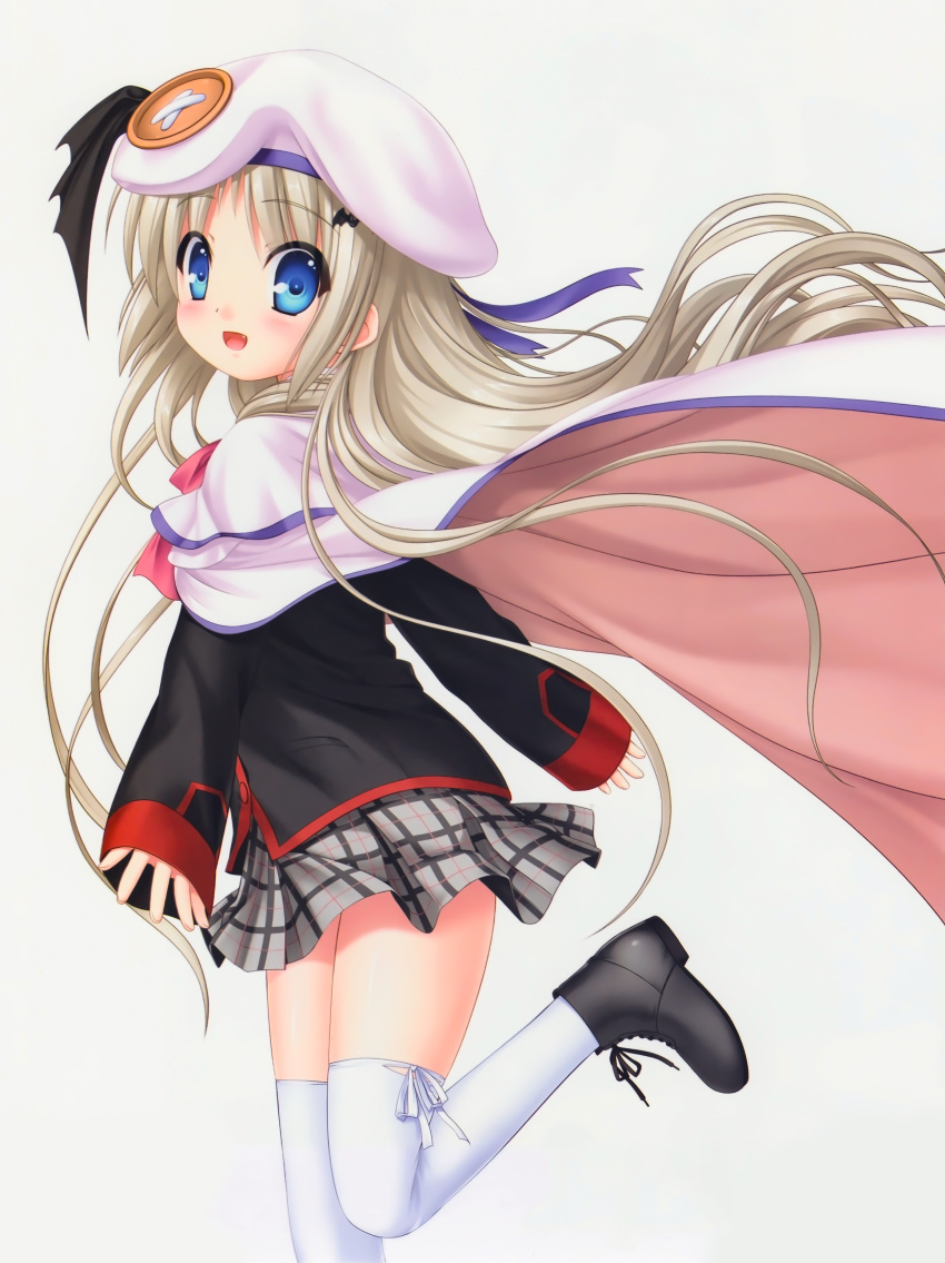 1girl :d absurdres bangs black_jacket blonde_hair blue_eyes blush cape capelet eyebrows_visible_through_hair fang floating_hair from_side grey_skirt hat hat_ribbon highres jacket kud_wafter little_busters!! long_hair long_sleeves miniskirt na-ga noumi_kudryavka official_art open_mouth pink_neckwear plaid plaid_skirt pleated_skirt purple_ribbon ribbon school_uniform shiny shiny_hair simple_background skirt smile solo standing standing_on_one_leg thigh-highs very_long_hair white_background white_cape white_capelet white_headwear white_legwear zettai_ryouiki