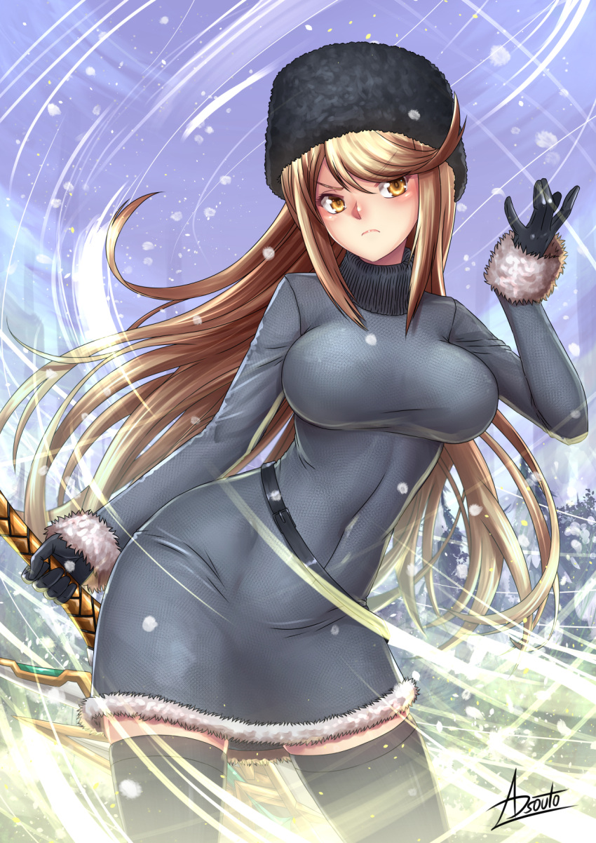 1girl adsouto alternate_costume bangs blonde_hair blush breasts dress eyebrows_visible_through_hair frown gloves hat highres hikari_(pokemon) mythra_(xenoblade) holding holding_sword holding_weapon large_breasts long_hair looking_at_viewer swept_bangs sword weapon xenoblade_(series) xenoblade_2 yellow_eyes