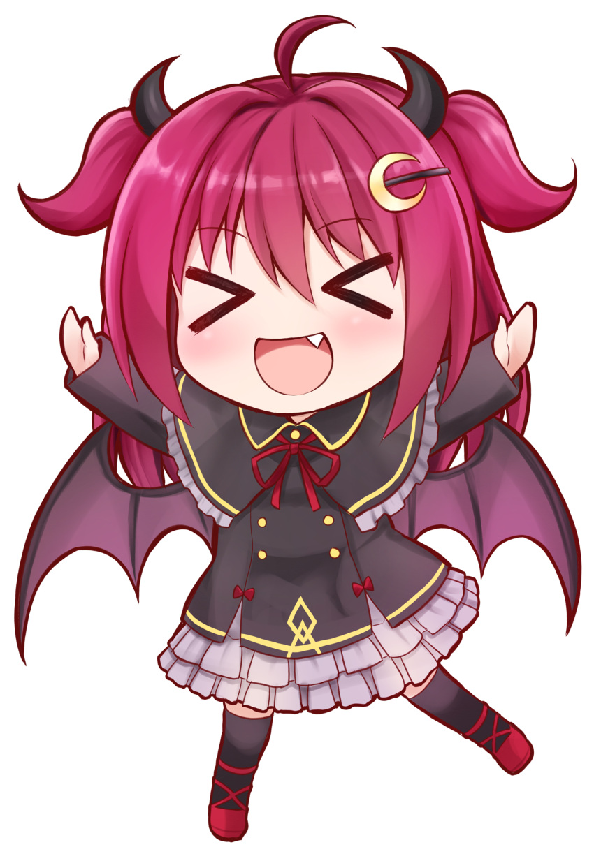 &gt;_&lt; 1girl :d ahoge bangs black_capelet black_dress black_legwear capelet chibi closed_eyes crescent crescent_hair_ornament curled_horns demon_girl demon_horns demon_wings dress eyebrows_visible_through_hair facing_viewer fang frilled_capelet frilled_dress frills full_body hair_between_eyes hair_ornament highres horns long_hair long_sleeves neck_ribbon nichika_(nitikapo) nijisanji open_mouth outstretched_arms purple_hair purple_wings red_footwear red_ribbon ribbon shoes simple_background sleeves_past_wrists smile solo thigh-highs two_side_up virtual_youtuber white_background wings xd yuzuki_roa