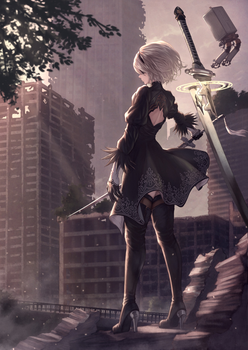 1girl absurdres back_cutout black_blindfold black_dress black_hairband blindfold boots breasts clouds cloudy_sky dress feather-trimmed_sleeves feather_trim from_behind full_body hairband high_heel_boots high_heels highres huge_filesize juliet_sleeves katana leather leather_boots long_sleeves medium_breasts nier_(series) nier_automata outdoors pod_(nier_automata) puffy_sleeves ruins silver_hair sky standing sword thigh-highs thigh_boots thighhighs_under_boots weapon yasu_(segawahiroyasu) yorha_no._2_type_b