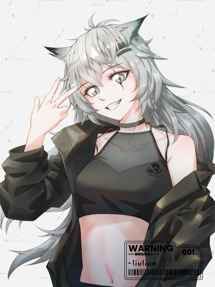 1girl absurdres animal_ears antenna_hair arknights bangs bare_shoulders black_choker black_jacket breasts chinese_commentary choker commentary_request crop_top eyebrows_visible_through_hair grey_background grey_eyes grin hair_between_eyes hair_ornament hairclip halter_top halterneck hand_up highres jacket lappland_(arknights) long_hair long_sleeves looking_at_viewer medium_breasts midriff navel off_shoulder open_clothes open_jacket quke_liulian scar scar_across_eye silver_hair simple_background smile solo stomach upper_body w wolf_ears