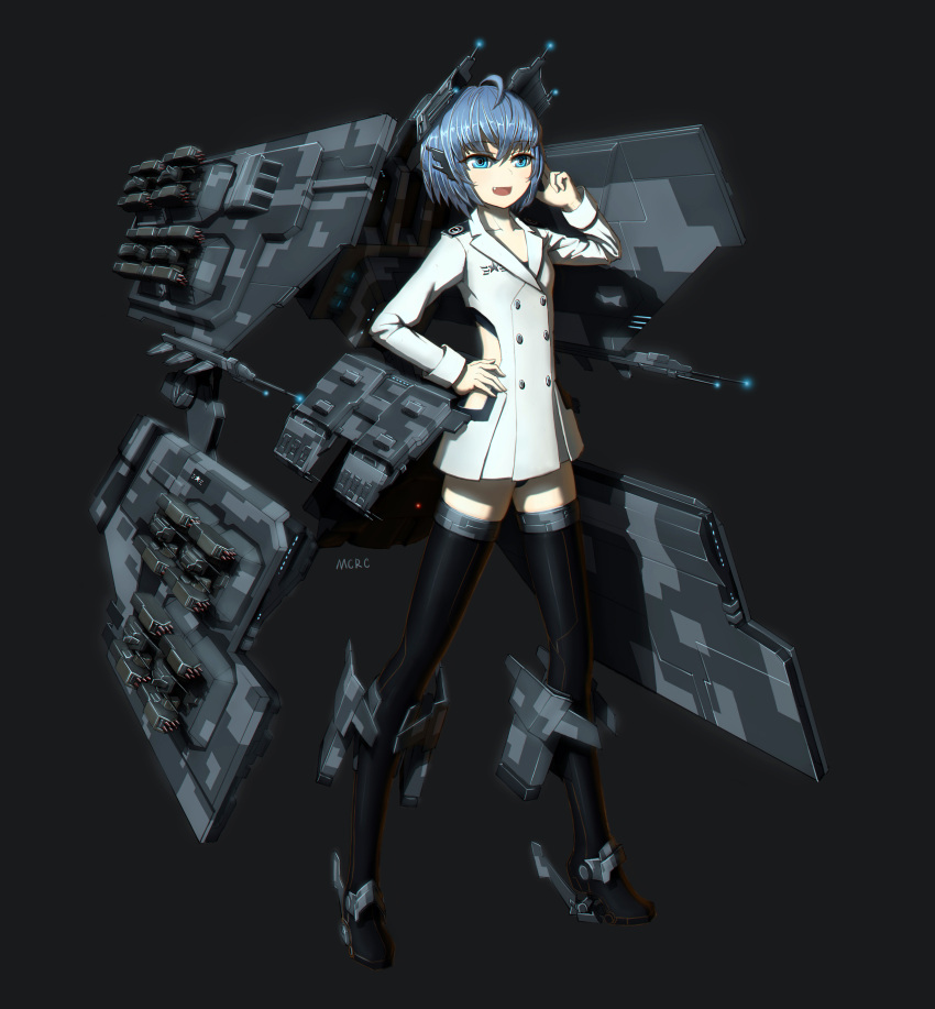 1girl absurdres ahoge black_legwear black_panties blue_eyes blue_hair buttons coat collarbone commentary_request eve_online fang full_body grey_background hand_on_hip hand_on_own_head highres long_sleeves mcrc_science mecha_musume microskirt open_mouth panties short_hair side_cutout signature simple_background skirt sleeve_cuffs smile solo standing star thigh-highs underwear white_coat