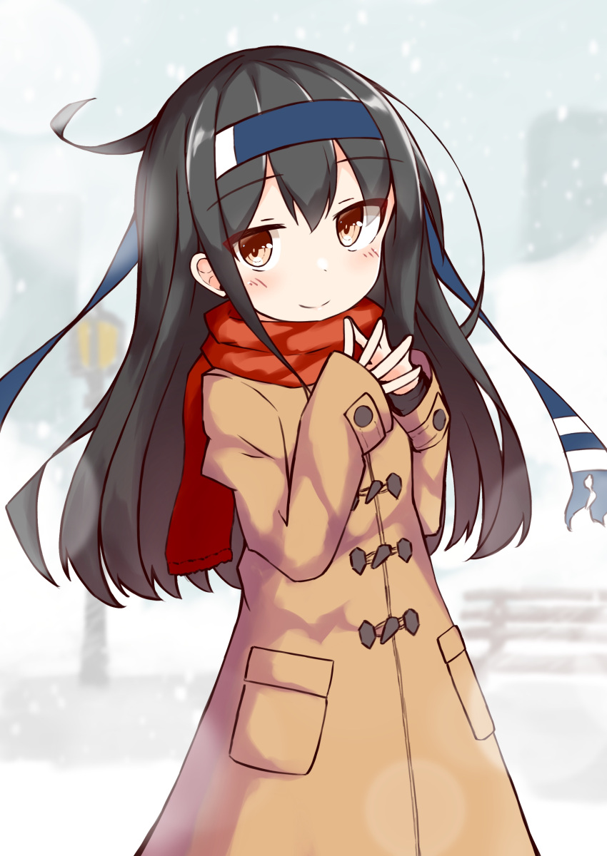1girl absurdres alternate_costume black_hair blue_headband blush brown_coat brown_eyes coat commentary_request eyebrows_visible_through_hair hair_between_eyes hatsushimo_(kantai_collection) headband highres ichi kantai_collection long_hair long_sleeves pocket red_scarf remodel_(kantai_collection) scarf smile solo upper_body